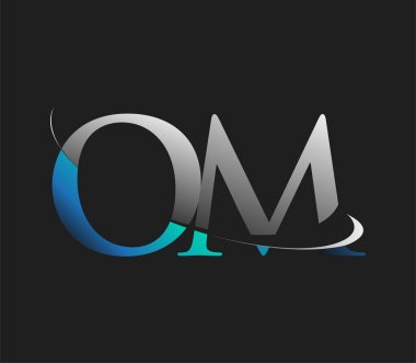 OM 'nin ilk logo şirketi adı koyu arkaplanda izole edilmiş mavi ve beyaz renkte. iş ve şirket kimliği için vektör logosu.