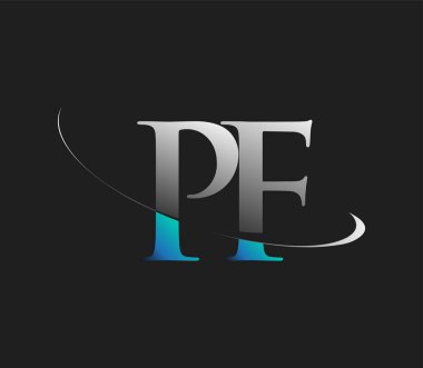 PF 'nin ilk logo şirketi adı mavi ve beyaz renkli, koyu arkaplanda izole edilmiş. iş ve şirket kimliği için vektör logosu.