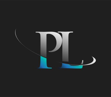 PL 'nin ilk logo şirketi adı mavi ve beyaz renkli, koyu arkaplanda izole edilmiş. iş ve şirket kimliği için vektör logosu.
