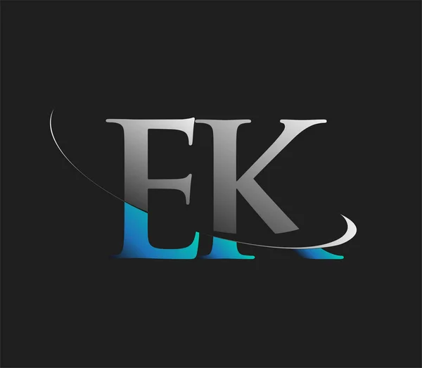 Ek最初的标识公司名称为彩色蓝白色的Swoosh设计 隔离在黑暗的背景下 企业和公司标识的矢量标识 — 图库矢量图片
