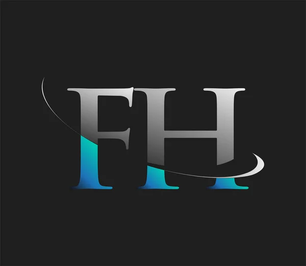 Fh最初的标志公司的名称是蓝色和白色的Swoosh设计 隔离在黑暗的背景下 企业和公司标识的矢量标识 — 图库矢量图片