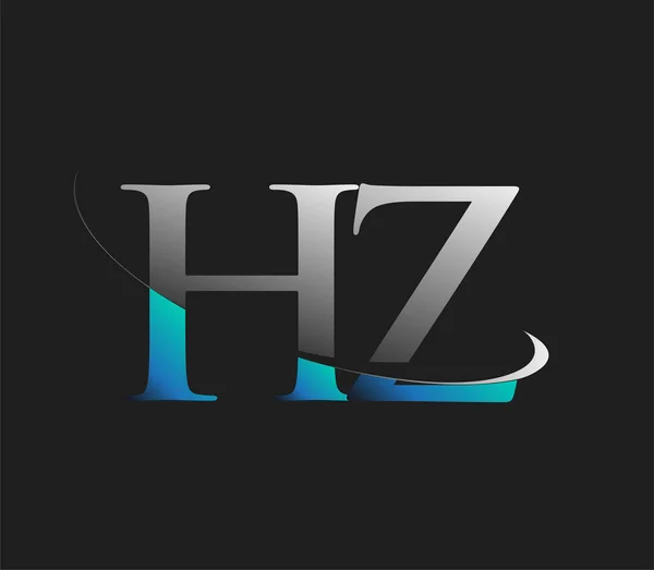 Hz初期のロゴ会社の名前は濃い背景に隔離された青と白のスウッシュデザインを着色しました ビジネスと会社のアイデンティティのためのベクトルロゴ — ストックベクタ