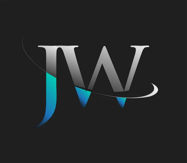 Jw最初的标识公司的名称是蓝色和白色的Swoosh设计 隔离在黑暗的背景下 企业和公司标识的矢量标识 — 图库矢量图片