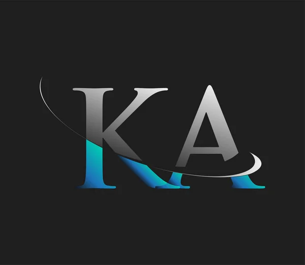 Ka初期のロゴ会社の名前は濃い背景に隔離された青と白のスウッシュデザインを着色しました ビジネスと会社のアイデンティティのためのベクトルロゴ — ストックベクタ