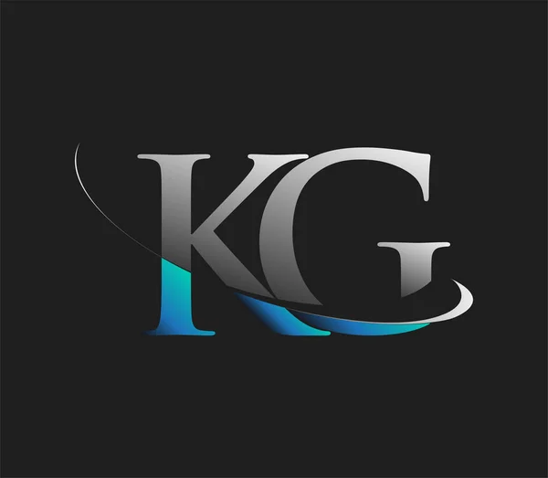 Kg最初的标志公司的名称是蓝色和白色的Swoosh设计 隔离在黑暗的背景下 企业和公司标识的矢量标识 — 图库矢量图片