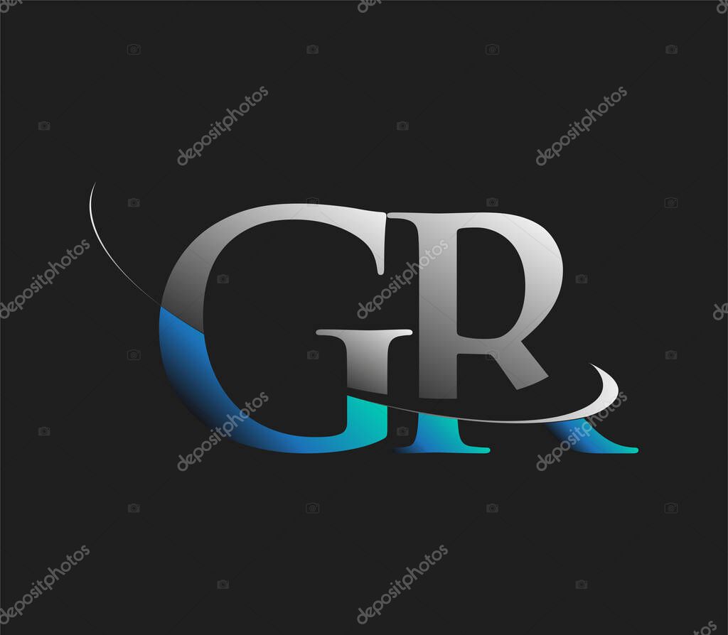 GR initial logo company name colored blue and white swoosh design, isolated on dark background. vector logo for business and company identity.