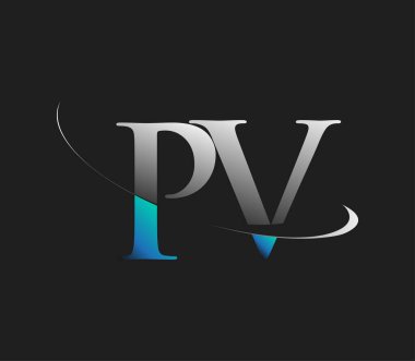 PV 'nin ilk logo şirketi adı mavi ve beyaz renkli, koyu arkaplanda izole edilmiş. iş ve şirket kimliği için vektör logosu.