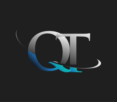 QT 'nin ilk logo şirketi adı mavi ve beyaz renkli, koyu arkaplanda izole edilmiş. iş ve şirket kimliği için vektör logosu.