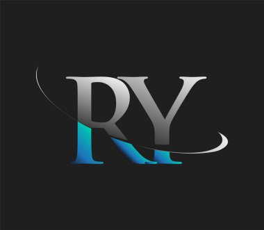 RY 'nin ilk logo şirketi adı mavi ve beyaz renkli, koyu arkaplanda izole edilmiş. iş ve şirket kimliği için vektör logosu.