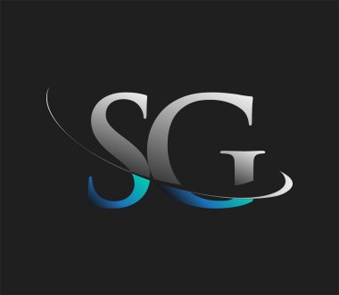 SG 'nin ilk logo şirketi adı koyu arkaplanda izole edilmiş mavi ve beyaz renkte. iş ve şirket kimliği için vektör logosu.