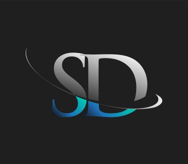 SD 'nin ilk logo şirketi lakabı mavi-beyaz Swoosh tasarımı, koyu arka planda izole. iş ve şirket kimliği için vektör logosu.
