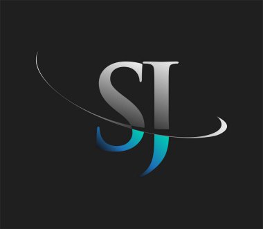 SJ 'in ilk logo şirketinin adı koyu arkaplanda izole edilmiş mavi ve beyaz renkte Swoosh tasarımı. iş ve şirket kimliği için vektör logosu.