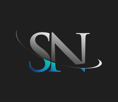 SN 'nin ilk logo şirketi adı koyu arkaplanda izole edilmiş mavi ve beyaz renkte. iş ve şirket kimliği için vektör logosu.