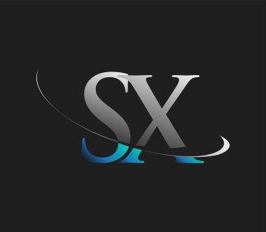 SX 'in ilk logo şirketi adı mavi ve beyaz renkli, koyu arkaplanda izole edilmiş. iş ve şirket kimliği için vektör logosu.