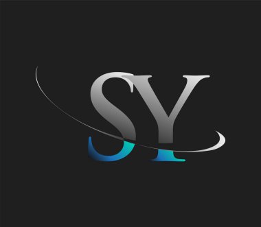 SY 'nin ilk logo şirketinin adı koyu arkaplanda izole edilmiş mavi ve beyaz renkte. iş ve şirket kimliği için vektör logosu.