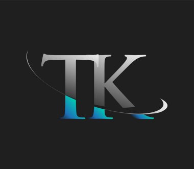 TK 'in ilk logo şirketi adı, koyu arkaplanda izole edilmiş mavi ve beyaz renkte Swoosh tasarımı. iş ve şirket kimliği için vektör logosu.