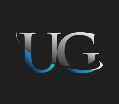 UG 'nin ilk logo şirketi adı mavi ve beyaz renkli, koyu arkaplanda izole edilmiş. iş ve şirket kimliği için vektör logosu.