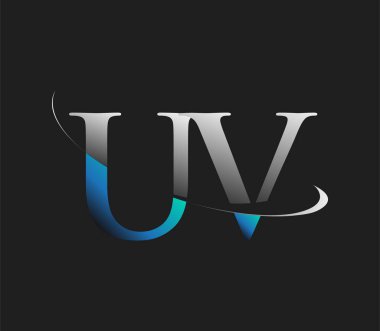 UV 'nin ilk logo şirketi adı mavi ve beyaz renkli, koyu arkaplanda izole edilmiş. iş ve şirket kimliği için vektör logosu.