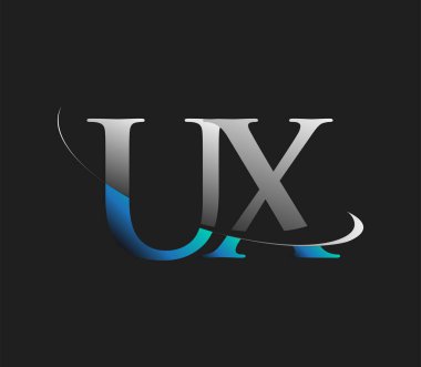 UX 'in ilk logo şirketi adı mavi ve beyaz renkli, koyu arkaplanda izole edilmiş. iş ve şirket kimliği için vektör logosu.