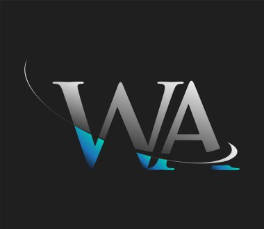 WA 'nın ilk logo şirketi lakabı mavi ve beyaz renkli, koyu arka planda izole edilmiş. iş ve şirket kimliği için vektör logosu.