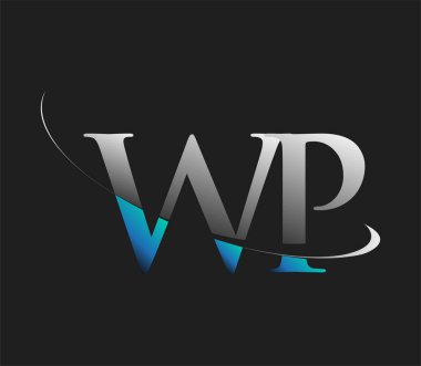 WP 'nin ilk logo şirketi adı mavi ve beyaz renkli, koyu arkaplanda izole edilmiş. iş ve şirket kimliği için vektör logosu.