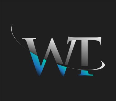 WT 'nin ilk logo şirketinin adı mavi ve beyaz renkli, koyu arkaplanda izole edilmiş. iş ve şirket kimliği için vektör logosu.