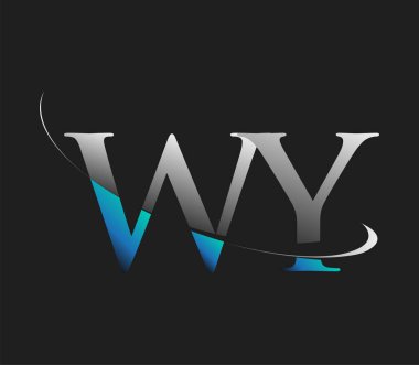 WY 'nin ilk logo şirketi adı mavi ve beyaz renkli, koyu arkaplanda izole edilmiş. iş ve şirket kimliği için vektör logosu.
