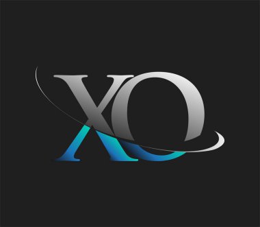 XO 'nun ilk logo şirketi adı mavi ve beyaz renkli, koyu arkaplanda izole edilmiş. iş ve şirket kimliği için vektör logosu.