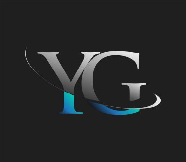 YG 'nin ilk logo şirketi adı mavi ve beyaz renkli, koyu arkaplanda izole edilmiş. iş ve şirket kimliği için vektör logosu.