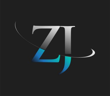 ZJ 'in ilk logo şirketi adı mavi ve beyaz renkli, koyu arkaplanda izole edilmiş. iş ve şirket kimliği için vektör logosu.