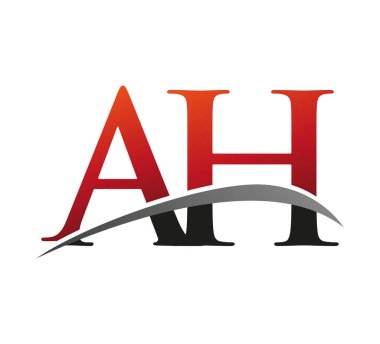 İlk harf AH logotype şirketi adı: Renkli kırmızı ve siyah Swoosh tasarımı. Siyah arkaplanda izole.