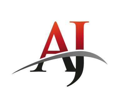 İlk harfi AJ logotype şirketi. Renkli kırmızı ve siyah desenli. Siyah arkaplanda izole.