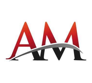 İlk harfi AM logotype şirketi. Renkli kırmızı ve siyah Swoosh tasarımı. Siyah arkaplanda izole.