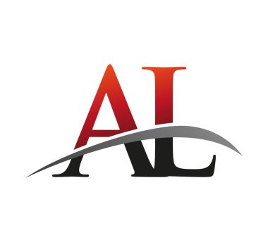 İlk harf AL logotype şirketi adı: Renkli kırmızı ve siyah Swoosh tasarımı. Siyah arkaplanda izole.