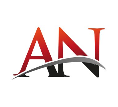 İlk harf AN logotype şirketi adı: Renkli kırmızı ve siyah Swoosh tasarımı. Siyah arkaplanda izole.
