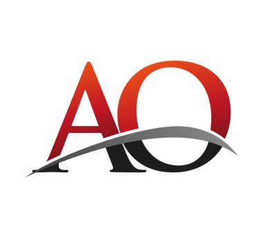 İlk harfi AO logotype şirketi. Renkli kırmızı ve siyah Swoosh tasarımı. Siyah arkaplanda izole.