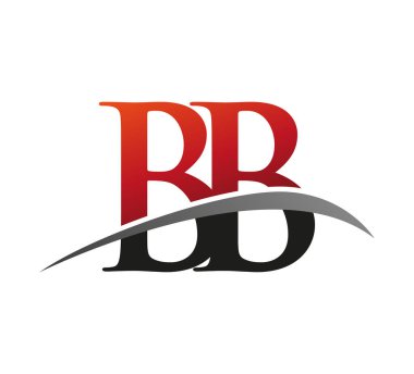 İlk harf BB logotype şirket adı kırmızı ve siyah swoosh tasarımı. Siyah arkaplanda izole.