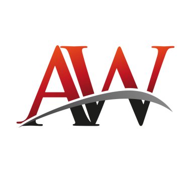 İlk harfi AW logotype şirketi. Renkli kırmızı ve siyah Swoosh tasarımı. Siyah arkaplanda izole.