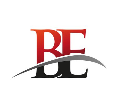 İlk harf BE logotype şirketi adı: Renkli kırmızı ve siyah Swoosh tasarımı. Siyah arkaplanda izole.