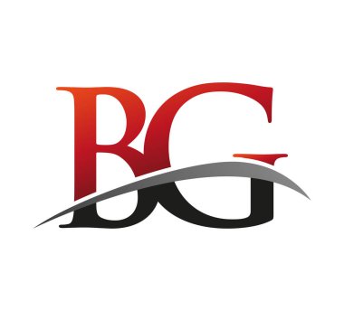 İlk harf BG logotype şirketi adı kırmızı ve siyah swoosh tasarımı. Siyah arkaplanda izole.