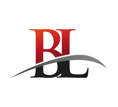 İlk harf BL logotype şirket adı kırmızı ve siyah swoosh tasarımı. Siyah arkaplanda izole.