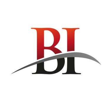 İlk harf BI logotype şirketi adı: Renkli kırmızı ve siyah Swoosh tasarımı. Siyah arkaplanda izole.
