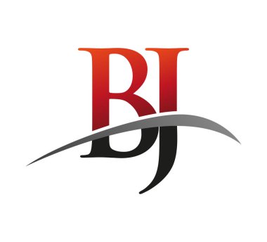 İlk harf BJ logotype şirketi adı kırmızı ve siyah swoosh tasarımı. Siyah arkaplanda izole.