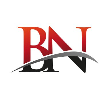 İlk harf BN logotype şirket adı kırmızı ve siyah swoosh tasarımı. Siyah arkaplanda izole.