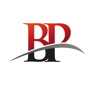 İlk harf BP logotype şirketi adı: Renkli kırmızı ve siyah Swoosh tasarımı. Siyah arkaplanda izole.