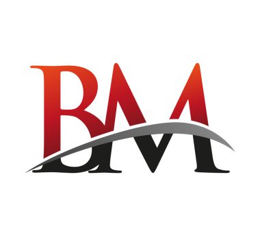 İlk harf BM logotype şirket adı kırmızı ve siyah Swoosh tasarımı. Siyah arkaplanda izole.