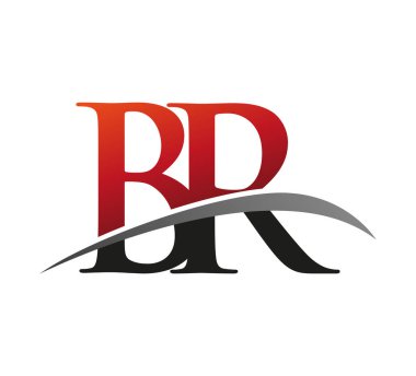 İlk harf BR logotype şirketi adı kırmızı ve siyah Swoosh tasarımı. Siyah arkaplanda izole.