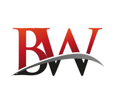 İlk harf BW logotype şirketi adı kırmızı ve siyah Swoosh tasarımı. Siyah arkaplanda izole.