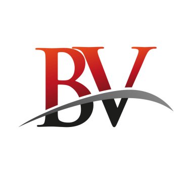 İlk harfi BV logotype şirketi. Renkli kırmızı ve siyah Swoosh tasarımı. Siyah arkaplanda izole.