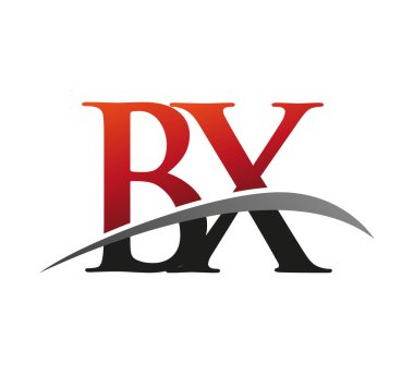 İlk harf BX logotype şirketi adı kırmızı ve siyah Swoosh tasarımı. Siyah arkaplanda izole.